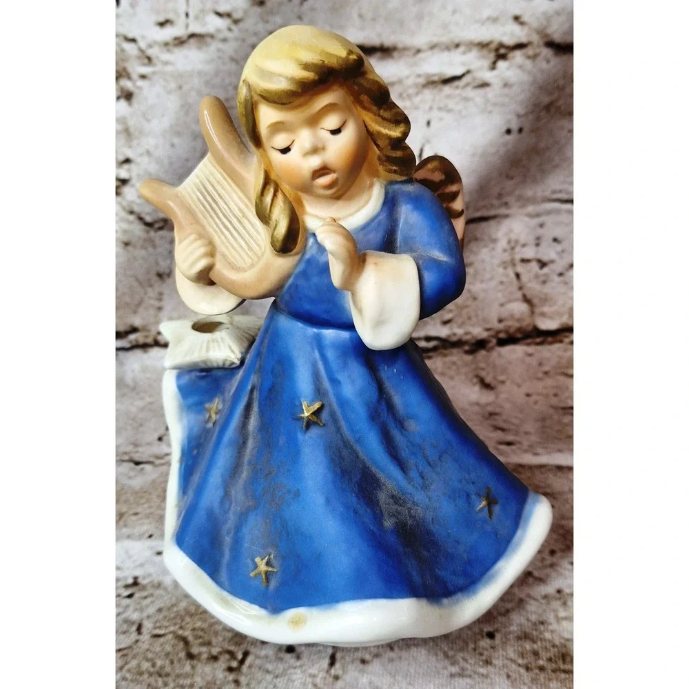 Goebel Nativity Angel 42058 Blue Dress Gold Stars‎ Music Box plays Silent Night